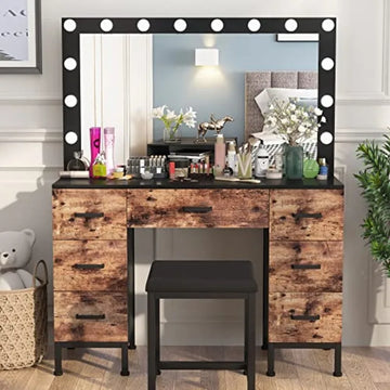 Teen Girls Large Makeup Vanity with 14PCS LED Bulbs, Cushioned Stool & 7 Drawers